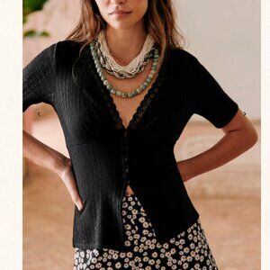 SEZANE Jamie T Shirt Short sleeved organic cotton T-shirt Lace in Black Size S